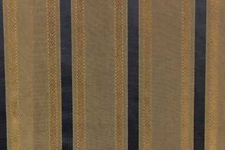 This stunning yarn dyed fabric features a striped pattern in moss green and black .