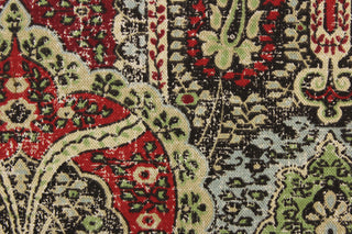 This paisley print design has a distressed look and would be perfect for  window treatments (draperies, valances, curtains and swags), toss pillows, duvet covers, and upholstery projects.  It is soil and stain repellant and has a soft workable feel yet is stable and durable with 27,000 double rubs.  Colors included are red, green, brown and blue.