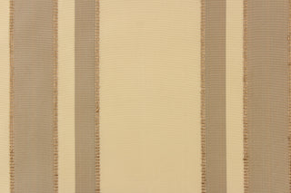 This fabric features a multi width stripe design in khaki, beige and bronze.