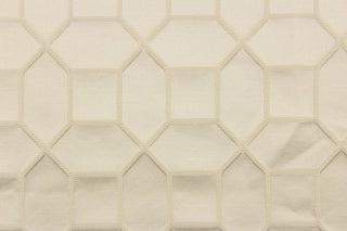 This elegant woven jacquard features a geometric design in champagne against a satin cream background.  It is clean and crisp and would work well for draperies, curtains, cornice boards, pillows, cushions, bedding, headboards and furniture upholstery.  It has a rating of 9,000 double rubs.