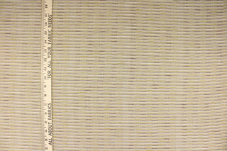 This heavy striped fabric in the colors of brown, gold and white on a tan colored background is perfect for accent pillows, window treatments (draperies, valances), and upholstery projects. 