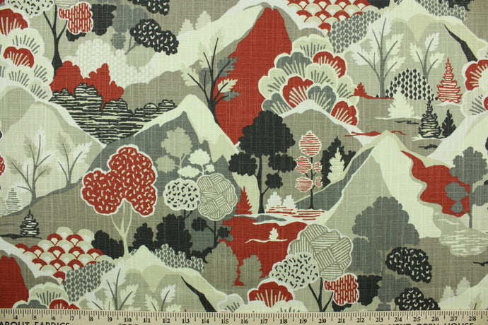 Washburn is a printed Asian inspired fabric that features abstract blooming flowers and trees in deep red, grey, beige and black.  The multi use fabric is perfect for window treatments, decorative pillows, custom cushions, bedding, light duty upholstery applications and almost any craft project.  This fabric has a soft workable feel yet is stable and durable with 50,000 double rubs.
