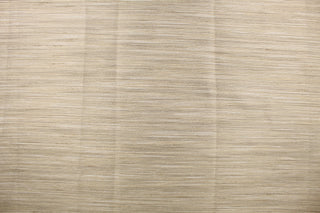  A mock linen has a very thin stripe design in beige, tan and white with a slight shine.