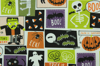 This cotton print fabric features a Halloween themed patchwork design of skeletons, bats, ghosts, mummies, Frankenstein and pumpkins.  It has a nice soft hand and would be great for quilting, crafting and home decor.  