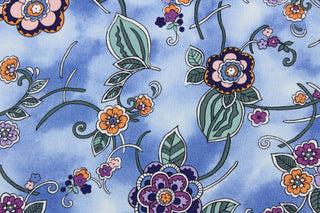 This cute fabric features a floral and vine design in shades of purple, green and orange on a blue cloud background.  It has a nice soft hand and would be great for quilting, crafting, apparel and home decor.  The possibilities are endless.
