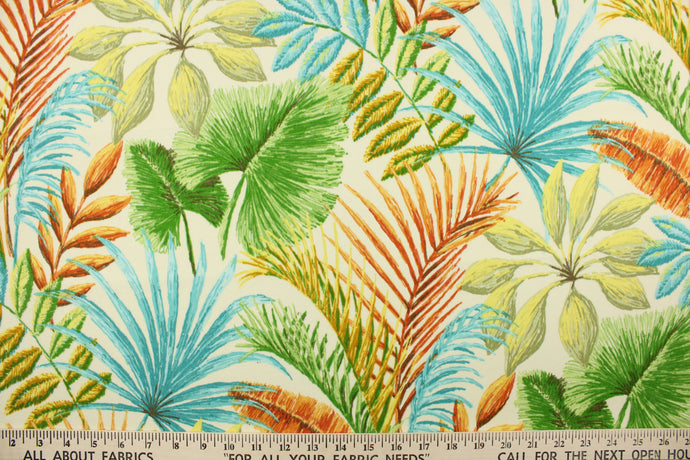 This fabric features large tropical flowers and foliage in shades of green, blue, orange, yellow on an off white background.  It is perfect for outdoor settings or indoors in a sunny room.  It can withstand up to 500 hours of sunlight and is water and stain resistant. Perfect for porches, patios and pool side.  Uses include toss pillows, cushions, upholstery, tote bags and more.  