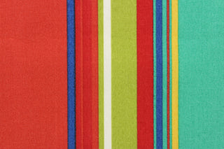  This beautiful outdoor design features stripes in the colors of red, blue, green, yellow and white.  Solarium fabric its able to resist stains and water, withstand up to 500 hours of sunlight and rated at 10,000 double rubs. It is perfect for outdoor pillows, cushions, upholstery, totes, table cloths and more. 
