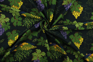 This fabric features a wine theme with with grapes, wine bottles, glasses and a vineyard.  Colors included are shades of green, yellow, purple navy blue and black.  This lightweight fabric is easy to sew and has a soft hand.   The versatile fabric makes it great for quilting, crafting and home décor.