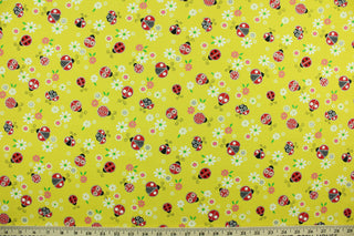This fabric features ladybugs and flowers with silver accents.  Colors included are red, white, black, pink, green, and yellow.  This lightweight fabric is easy to sew and has a soft hand.   The versatile fabric makes it great for quilting, crafting and home décor.
