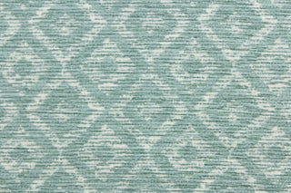 This chenille fabric features a geometric design in light aqua blue, gray and white. 