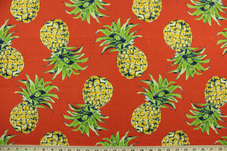  This multi use fabric features large pineapples in golden yellow, green and blue on an orange background.  It is perfect for outdoor settings or indoors in a sunny room.  It is stain and water resistant and can withstand up to 500 hours of direct sun exposure and has a durability rating of 10,000 double rubs.  Uses include decorative pillows, cushions, chair pads, tote bags and upholstery.