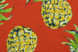  This multi use fabric features large pineapples in golden yellow, green and blue on an orange background.  It is perfect for outdoor settings or indoors in a sunny room.  It is stain and water resistant and can withstand up to 500 hours of direct sun exposure and has a durability rating of 10,000 double rubs.  Uses include decorative pillows, cushions, chair pads, tote bags and upholstery.