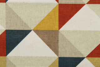 Denmark is a geometrical print in the autumnal colors of dark blue, brick red, khaki, sand, dark yellow and off white.  The multi use fabric is perfect for window treatments, decorative pillows, custom cushions, bedding, light duty upholstery applications and almost any craft project.  This fabric has a soft workable feel yet is stable and durable with 30,000 double rubs