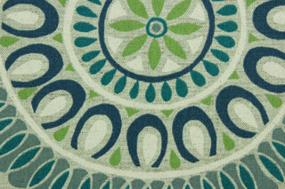 Embark is a versatile medium/heavyweight fabric featuring a mosaic medallion design in green, teal, taupe and ivory.  It can be used for several different statement projects including window accents (drapery, curtains and swags), decorative pillows, hand bags, bed skirts, duvet covers, light duty upholstery and craft projects.  
