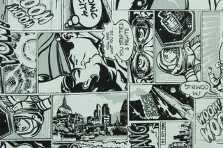 This fabric features a comic collage in black and white.  The versatile lightweight fabric is soft and easy to sew.  It would be great for quilting, crafting and sewing projects.  