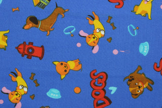 This quilting print features a cute canine design with different dogs, dog toys and dog houses in brown, orange, yellow, pink and red against a blue background.  Uses include crafts, quilting designs, blankets and  home décor.  We offer this print in several different colors.
