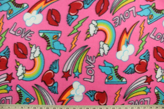 This ultra soft, medium weight printed fleece is the go to fabric for warmth.  The fabric features stars, rainbows, hearts, lightening bolts and is perfect for creating jackets, vests, scarves, gloves, throws, bedding and more!  Colors included are pink, fuchsia, blue, yellow, red, white and green.