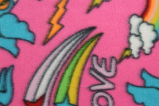 This ultra soft, medium weight printed fleece is the go to fabric for warmth.  The fabric features stars, rainbows, hearts, lightening bolts and is perfect for creating jackets, vests, scarves, gloves, throws, bedding and more!  Colors included are pink, fuchsia, blue, yellow, red, white and green.