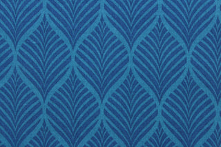  This outdoor fabric features a leaf design in shades of blue.