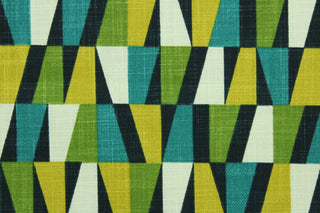 Decken features a small scale, block, retro design in mediterranean blue, mustard yellow, black, olive green and white.  It can be used for several different statement projects including window accents (drapery, curtains and swags), decorative pillows, hand bags, bed skirts, duvet covers, upholstery and craft projects.  