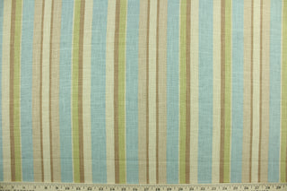 This multi purpose linen/cotton blend fabric features multi width stripes in robin egg blue, green, brown and tan.  It can be used for several different statement projects including window accents (drapery, curtains and swags), decorative pillows, hand bags, bed skirts, duvet covers, upholstery and craft projects.  It has a soft workable feel yet is stable and durable.