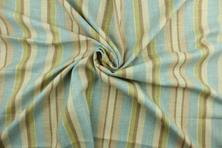 This multi purpose linen/cotton blend fabric features multi width stripes in robin egg blue, green, brown and tan.  It can be used for several different statement projects including window accents (drapery, curtains and swags), decorative pillows, hand bags, bed skirts, duvet covers, upholstery and craft projects.  It has a soft workable feel yet is stable and durable.