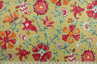 This multi purpose linen/rayon blend fabric features a large floral and vine design in red, pink, blue, white and orange against a gold background.  It can be used for several different statement projects including window accents (drapery, curtains and swags), decorative pillows, hand bags, bed skirts, duvet covers, upholstery and craft projects.  It has a soft workable feel yet is stable and has a durability rating that exceeds 15,000 double rubs. 
