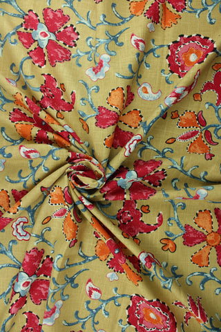 This multi purpose linen/rayon blend fabric features a large floral and vine design in red, pink, blue, white and orange against a gold background.  It can be used for several different statement projects including window accents (drapery, curtains and swags), decorative pillows, hand bags, bed skirts, duvet covers, upholstery and craft projects.  It has a soft workable feel yet is stable and has a durability rating that exceeds 15,000 double rubs. 