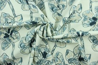  Lucinda is an abstract floral design in mineral blue and taupe against an off white background. It can be used for several different statement projects including window accents (drapery, curtains and swags), decorative pillows, hand bags, bed skirts, duvet covers, upholstery and craft projects.  It has a soft workable feel yet is stable and durable.