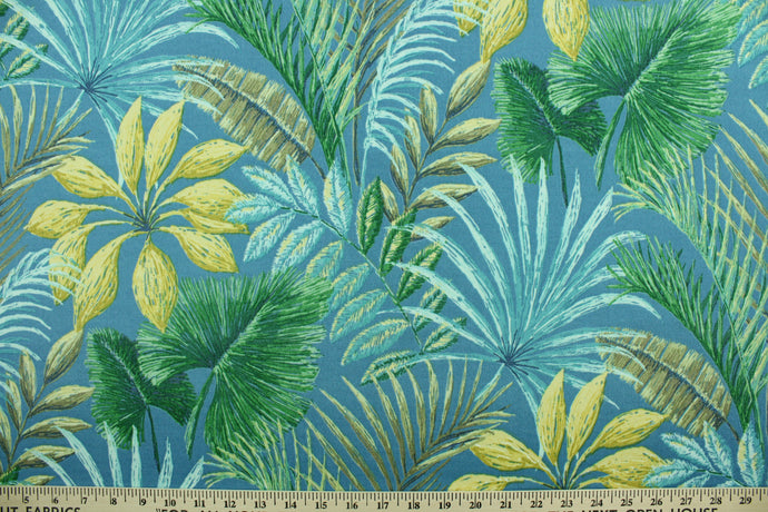 This fabric features large exotic tropical flowers and foliage in shades of teal, yellow, green, blue and brown.  It is perfect for outdoor settings or indoors in a sunny room.  It can withstand up to 500 hours of sunlight and is water and stain resistant and has a rating of 60,000 rubs.  Perfect for porches, patios and pool side.  Uses include toss pillows, cushions, upholstery, tote bags and more.  