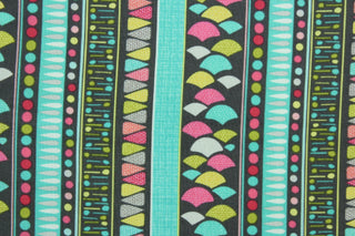 This screen printed fabric features a multi stripe geometrical design in turquoise, pink, gray, yellow, green and white.  The versatile lightweight fabric is soft and easy to sew.  It would be great for quilting, crafting and sewing projects.  