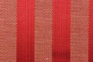 This stunning yarn dyed fabric features a  wide striped pattern in rich red tone.