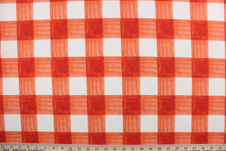  Painterly Plaid is perfect for outdoor environments.  It features a classic buffalo check pattern in the shades of coral and white, and has a durability rating of 13,000 double rubs. This upholstery fabric is stylish, sturdy, and sure to stand the test of time.  Uses include cushions, tablecloths, upholstery projects, decorative pillows and craft projects. This fabric has a slightly stiff feel but is easy to work with.  