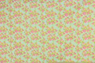 Roses, leaves, polka dots, quilting, bedding, clothing, pin cushions, home decor, shades of pink, blue, yellow, green, white, cotton, polka dots