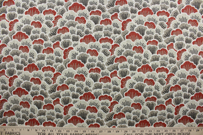  Toki is a printed Asian inspired fabric that features scalloped abstract blooming flowers in vintage red, beige, taupe and black.  The multi use fabric is perfect for window treatments, decorative pillows, custom cushions, bedding, light duty upholstery applications and almost any craft project.  This fabric has a soft workable feel yet is stable and durable with 50,000 double rubs.