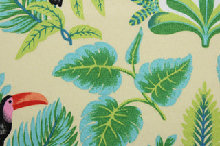 Flamingo Flirt provides vibrant color with a unique combination of flamingos, toucans, flowers and palm leaves set against a red, pink, black, blue, green, yellow, and white backdrop.  Its UV-resistant colors remain vivid, even in direct sunlight. Perfect for giving any room a tropical feel.  Uses include cushions, tablecloths, upholstery projects, decorative pillows and craft projects. 