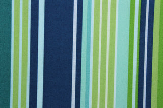 Labrisa is the perfect outdoor fabric for your creative projects. The fabric is adorned with multi-width stripes in shades of lime green, navy blue, sky blue, teal, and turquoise.  It's specially designed to resist fading to 500 hours of direct sunlight.  Additionally, it is both water and stain resistant, and has a durable 10,000 double rubs construction.  Perfect for porches, patios and pool side.  Uses include toss pillows, cushions, upholstery, tote bags and more.  