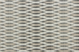 This fabric features a geometric design in dark gray, white, and light beige. 