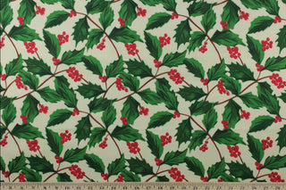 Christmas Holly Fabric on Ivory