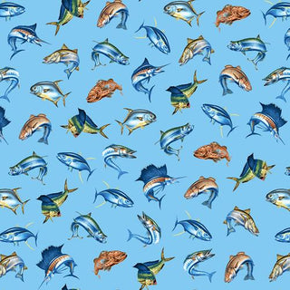 Blank Fabrics Reel Fun Fish Quilting Fabric in Lulworth Blue