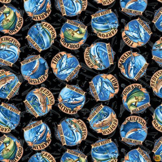 Blank Quilting Fabrics Reel Fun Fish Logo in Black