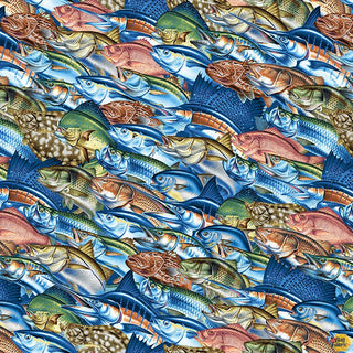Blank Fabrics Reel Fun Fish Collage Quilting Fabric in Blue