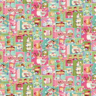 Henry Glass & Co Tea Party Quilting Fabric in Cream Patchwork in Sky Blue