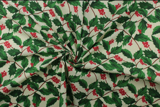 Christmas Holly Fabric on Ivory