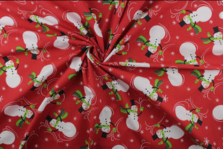 Jolly Christmas Snowmen Fabric on Red