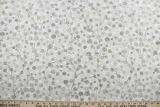 Orbits is a medium weight fabric that is printed on 100% cotton duck.  The beautiful color palette includes tones of gray, antique gold, and dull white against a light putty background.  It has a soft hand and good durability with 50,000 double rubs.  It can give any space a much needed update.  The versatile fabric is perfect for window accents (draperies, valances, curtains and swags) cornice boards, accent pillows, bedding, headboards, cushions, ottomans, slipcovers and upholstery.  