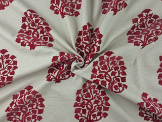 Foliate Scroll Flocked Velvet Fabric in Ruby