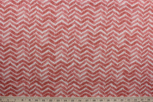 Load image into Gallery viewer, Elements is a polyester fabric that features a zig zag design in a vibrant berry red and white color palette.  The versatile fabric is perfect for window accents (draperies, valances, curtains and swags) cornice boards, accent pillows, bedding, headboards, cushions, ottomans, slipcovers and upholstery.  
