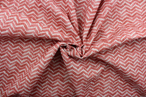 Elements is a polyester fabric that features a zig zag design in a vibrant berry red and white color palette.  The versatile fabric is perfect for window accents (draperies, valances, curtains and swags) cornice boards, accent pillows, bedding, headboards, cushions, ottomans, slipcovers and upholstery.  