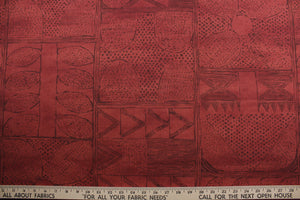  Robert Allen© Cassava in Cinnabar is a stylish multi-purpose fabric featuring a unique geometrical print in reddish-brown hues.  It has been engineered with a soil and stain repellant finish and is highly durable, with a fabric rating of 100,000 double rubs.  It can be used for several different statement projects including window accents (drapery, curtains and swags), toss pillows, headboards, bed skirts, duvet covers, upholstery, and more.